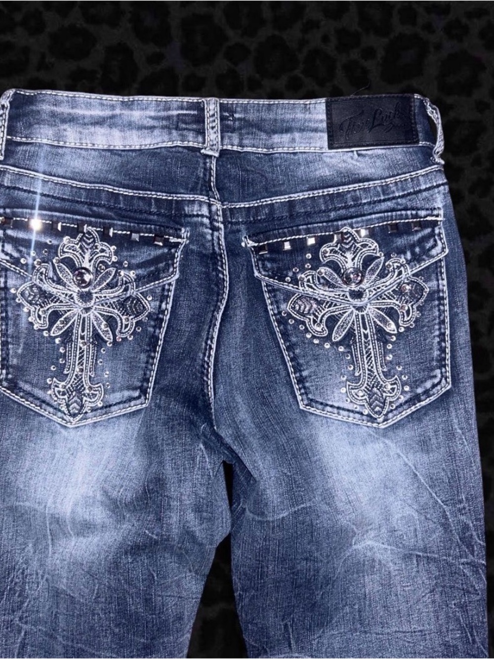 Women’s Embroidered Dark Blue Boot Cut Jeans y2k alternative